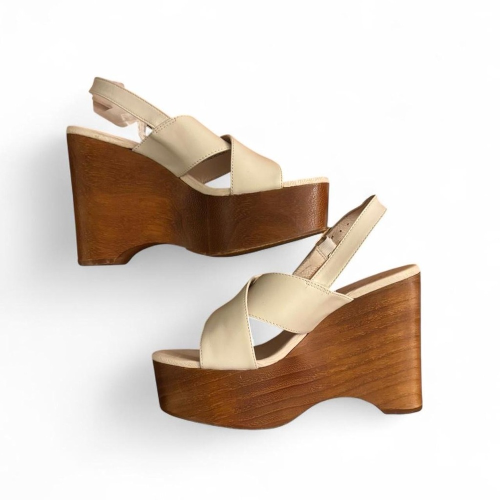 Beige Anthropologie Crisscross Leather Slingback Wedge Sandals